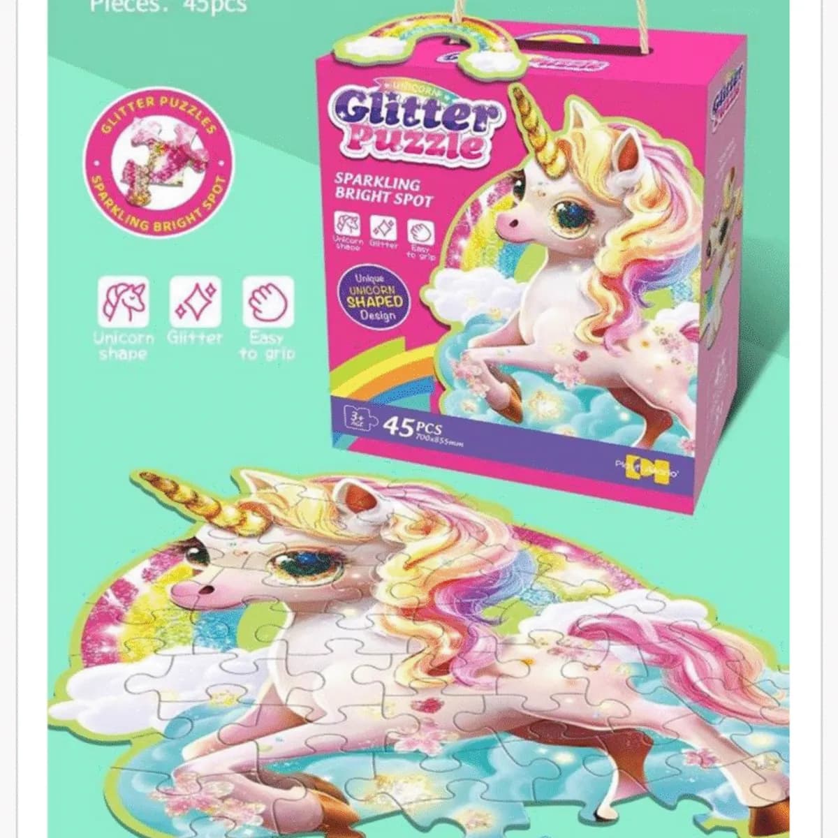 Glitter Puzzle 45PCS Jednorożec Brokatowe 70x85cm Kształtowe