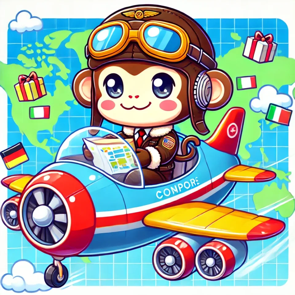 DALL·E 2024 10 06 17.21.32 A chibi style monkey flying a cargo plane delivering packages to different countries. The monkey is cheerful wearing pilot gear sitting in the cock